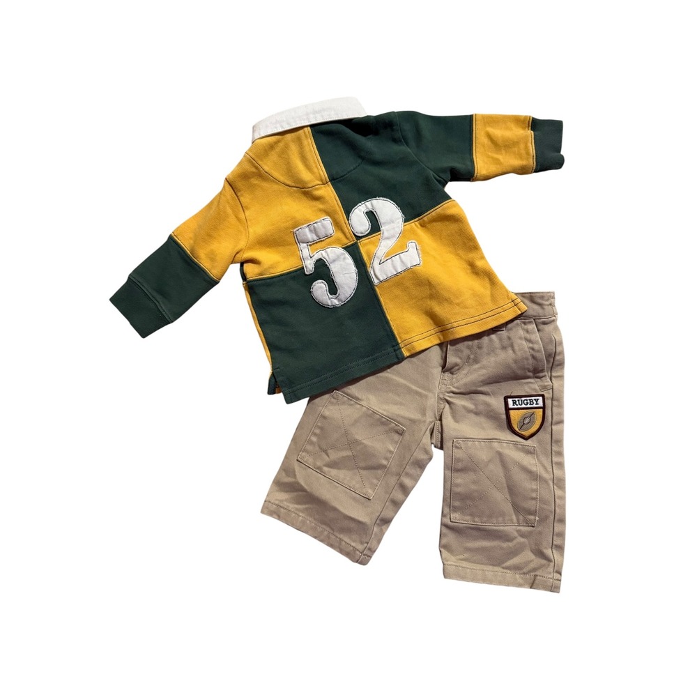 Janie and Jack Baby Boys Green Yellow Rugby Shirt and Khaki Pants Set 3-6 Months